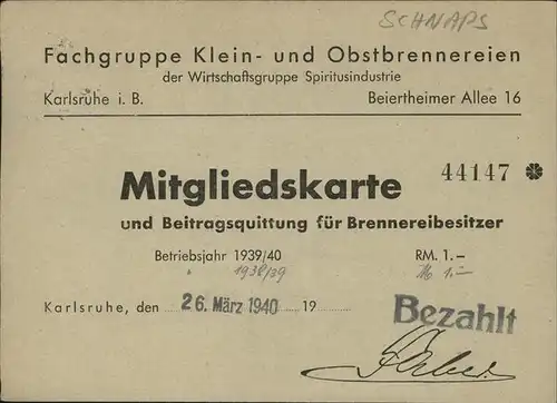 Schnaps Mitgliedskarte Brennerei Karlsruhe Kat. Genussmittel