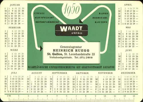 Versicherung Unfall Heinrich Ruegg St Gallen Kalender 1950 Kat. Werbung