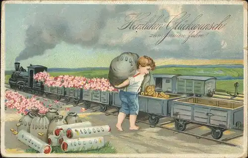 Neujahr Eisenbahn Muenzen Kind Kat. Greetings
