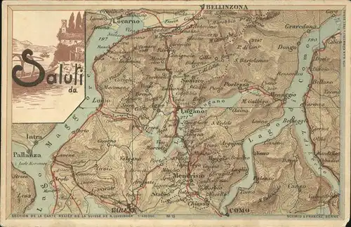 Landkarte auf Ak Bellinzona Como Lugano