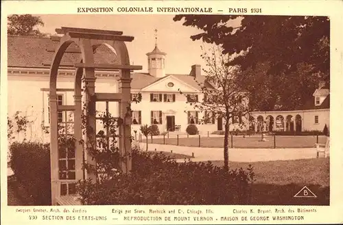 Exposition Coloniale Paris 1931 Section Etats Unis maison George Washington Kat. Expositions