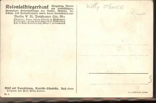 wz60550 Stoewer Willy Tegel Kolonialkriegerdank Nr 8 Daressalam Ostafrika Dampfer Kategorie. Kuenstlerlitho Alte Ansichtskarten