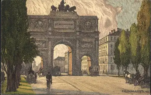 Schlatter E.E. Das Siegestor Muenchen Pferdekutsche Kat. Kuenstler