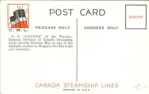 Dampfer Binnenschifffahrt S.S. Cayuga Toronto Niagara Line Kat. Schiffe
