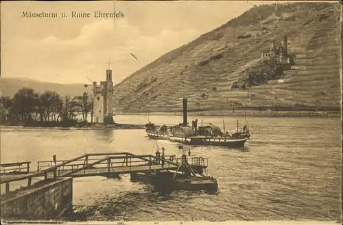 Dampfer Seitenrad M?useturm Ruine Ehrenfels Kat. Schiffe