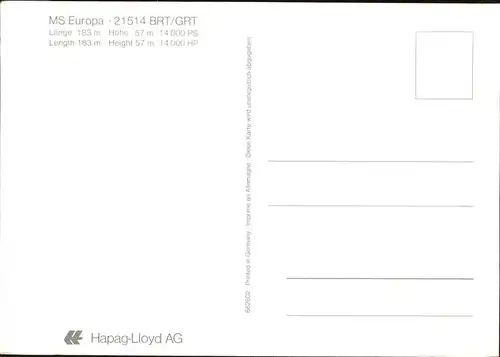 Dampfer Oceanliner MS Europa 21514 BRT GRT Fliegeraufnahme Kat. Schiffe
