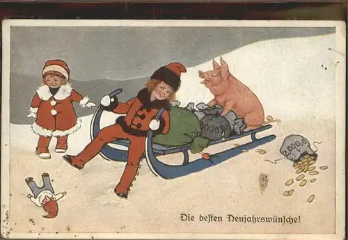 Schlitten Schnee Neujahrsgruesse Schwein Geldsack Kat. Sport