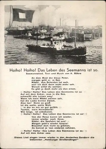 Liederkarte Seemanslied K. Baehre Hamburg Dampfschiff Hafen Kat. Musik