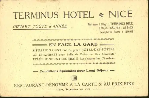 ws91190 Nice Alpes Maritimes Nice Terminus Hotel * Kategorie. Nice Alte Ansichtskarten