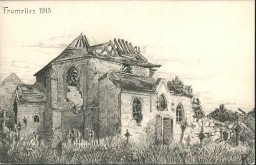 Fromelles Kuenstler Karl Freytag Zerschossene Kirche  *