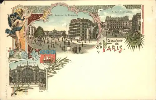 Paris Boulevard Strasbourg Wappen Gare Bahnhof Litho *