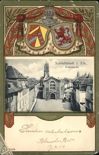 Schlettstadt Elsass Kornmarkt Wappen Praegedruck x