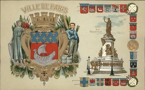 Paris Ville de Paris Wappen der Stadt Statue Republique Praegedruck