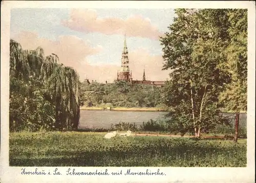 Zwickau Sachsen Schwanenteich mit Marienkirche Kat. Zwickau
