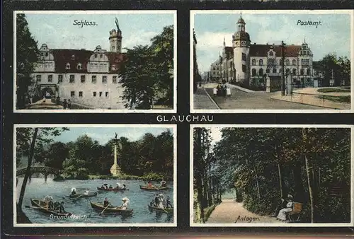 Glauchau Schloss Postamt Gruendelteich Ruderboote Kat. Glauchau