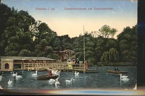 Zwickau Sachsen Gondelstationen am Schwanenteich Ruderboot Kat. Zwickau