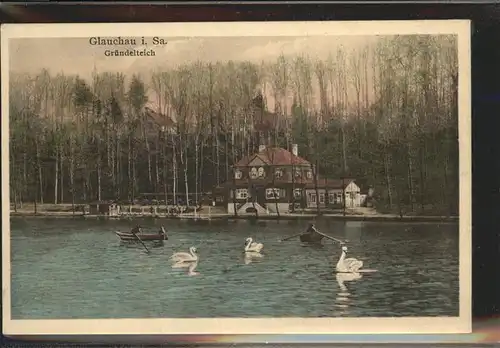 Glauchau Gruendelteich Schwaene Ruderboote Kat. Glauchau