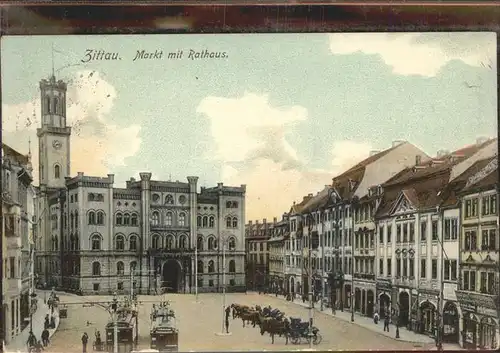 Zittau Markt mit Rathaus Strassenbahn Pferdewagen Kat. Zittau