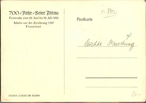 Zittau Kuenstlerkarte Frauentor vor Zerstoerung 1757 700 Jahre Zittau Kat. Zittau