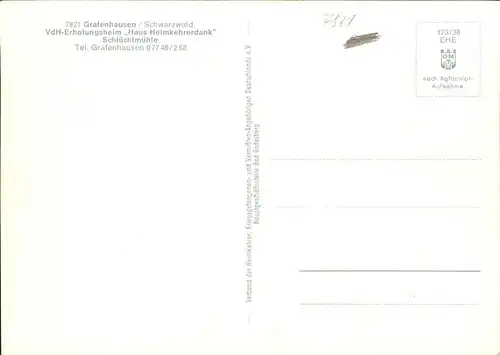 Grafenhausen Schwarzwald VdH Erholungsheim Haus Heimkehrerdank Kat. Grafenhausen