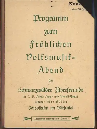 Schopfheim Programm Volksmusik Abend der Schwarzwaelder Zitherfreunde Doppelkarte Kat. Schopfheim