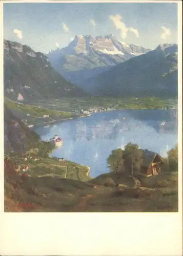 kk23279 Genfersee Lac leman Kuenstlerkarte Alfred Chavannes Kategorie. Genf Alte Ansichtskarten