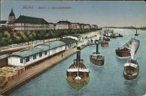 Mainz Rhein Blick von Strassenbruecke Schiffe Kuenstlerkarte / Mainz Rhein /Mainz Stadtkreis