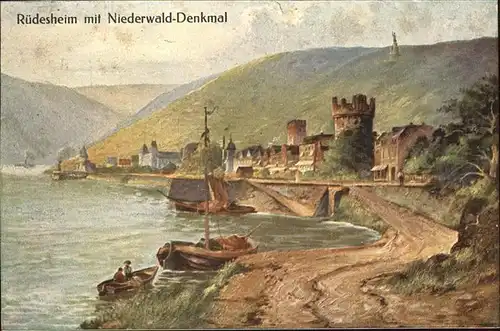 Ruedesheim mit Niederwalddenkmal Schiffe Boote Kuenstlerkarte Kat. Ruedesheim am Rhein