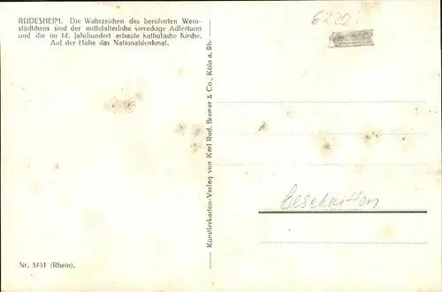 Ruedesheim mit Niederwalddenkmal Schiffe Boote Kuenstlerkarte Kat. Ruedesheim am Rhein