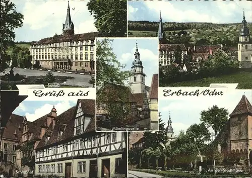Erbach Odenwald Schloss Stadtmauer Schlosshof Fachwerk Muemlingpartie Kat. Erbach