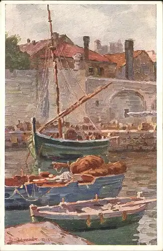 Dubrovnik Ragusa Dio gradskeluke Partie du Port Hafen Boot Kuenstlerkarte