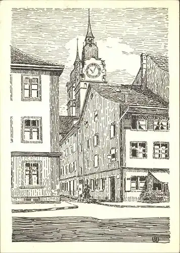 Winterthur Pfarrgasse und Stadtkirche Zeichnung Kat. Winterthur