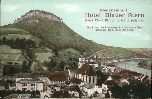Koenigstein Saechsische Schweiz Ortsansicht mit Kirche Elbe Hotel Blauer Stern Kat. Koenigstein Saechsische Schweiz