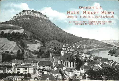 Koenigstein Saechsische Schweiz Ortsansicht mit Blick auf die Elbe Hotel Blauer Stern Kat. Koenigstein Saechsische Schweiz