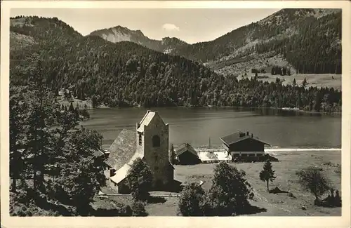 Spitzingsee St Bernhardkirche mit Bodenschneid Kat. Schliersee