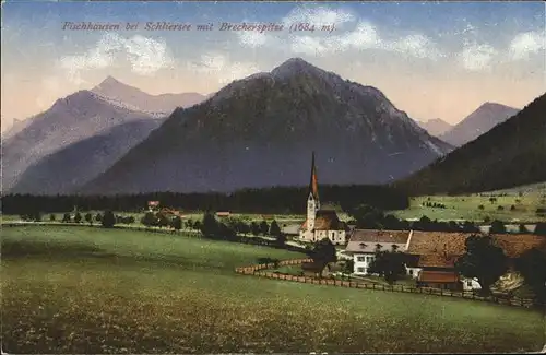 Fischhausen Schliersee mit Kirche und Brecherspitz Kat. Schliersee