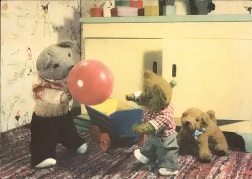 Teddy Teddybaer Teddy bear Hund Holzwagen Luftballon Kat. Kinderspielzeug