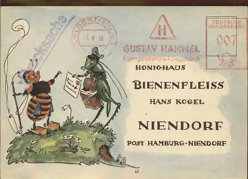 Bienen Insekten Grashuepfer vermenschlicht Postbote Honighaus Bienenfleiss Niendorf Kat. Imkerei