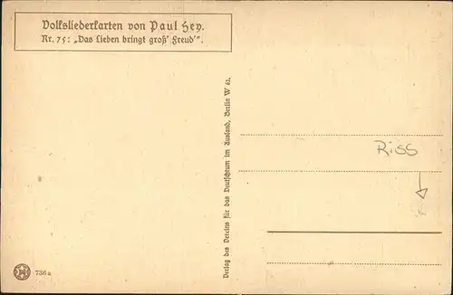 Hey Paul Nr. 75 Volksliederkarte Das Lieben bringt gross Freud Kat. Kuenstlerkarte