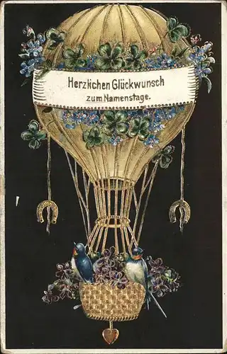 Heissluftballon Namenstag Voegel Hufeisen Kleeblaetter Kat. Flug