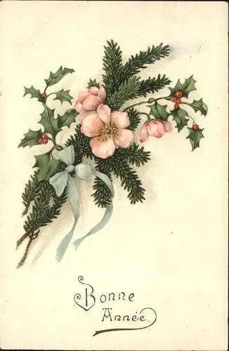 Neujahr Blumen Weihnachtszweig Schleife Frankreich Kat. Greetings
