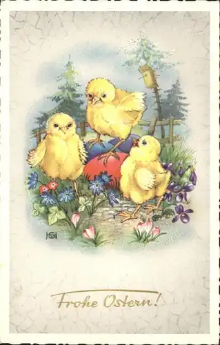 Ostern Easter Paques Kueken Ostereier Blumen / Greetings /