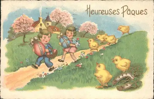Ostern Easter Paques Hufeisen Kueken Kinder Ostereier Frankreich / Greetings /