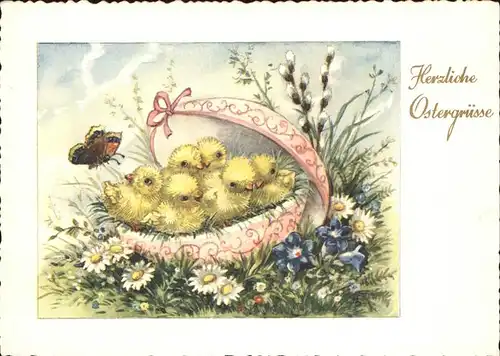 Ostern Easter Paques Kueken Blumen Schmetterling / Greetings /