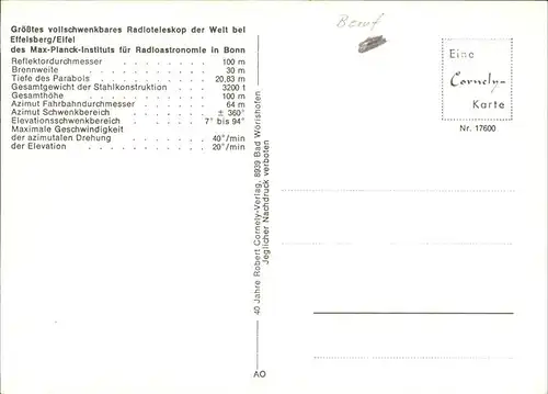 Funk Radioteleskop Effelsberg Eifel  Kat. Technik