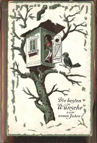 Neujahr Vogelhaeuschen Voegel Baum Kat. Greetings