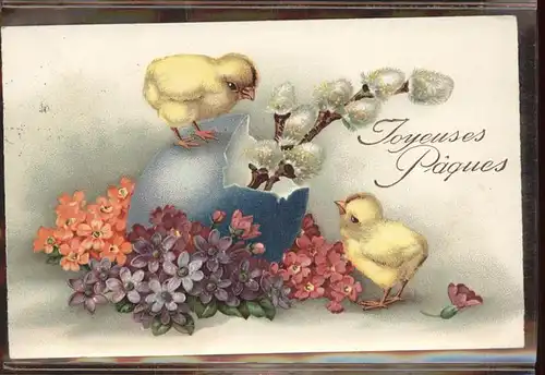 Ostern Easter Paques Kueken Weidenkaetzchen Blumen Ei / Greetings /