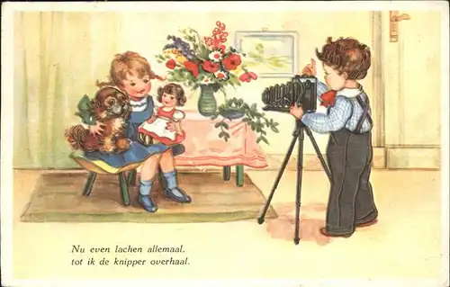 Fotoapparat Hund Puppe Kinder Blumen Kat. Technik