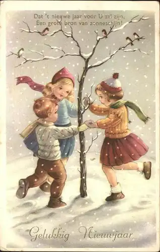 Neujahr Kinder Tanz Baum Schnee Voegel  Kat. Greetings