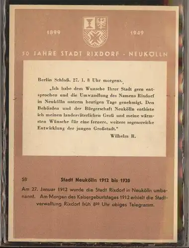 Rixdorf Berlin 50 Jahre Stadt Rixdorf-Neukoelln Umbenennung 1912 / Berlin /Berlin Stadtkreis